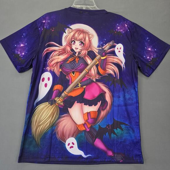 Anime Dark Purple Shirt Woman Witch Graphic Stretch Short Sleeves Men Size L NEW - Picture 2 of 9
